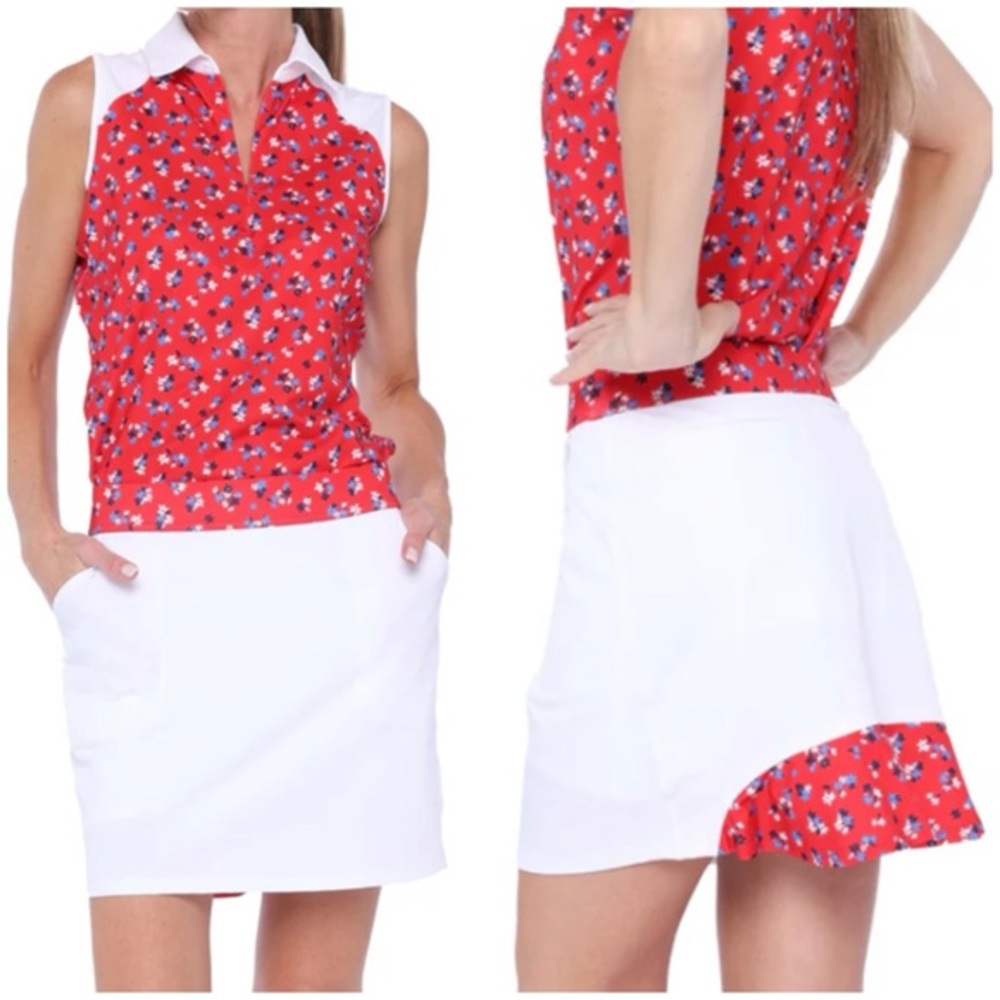 NWT Belyn Key Ruffle Golf Skort‎ In American Beauty White/Red Size Small